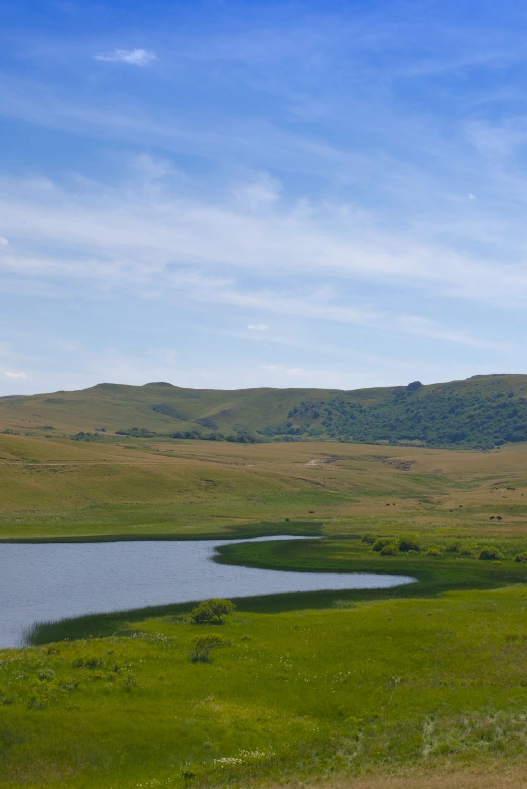 A little mountain lake. In the background medium-sized mountains.