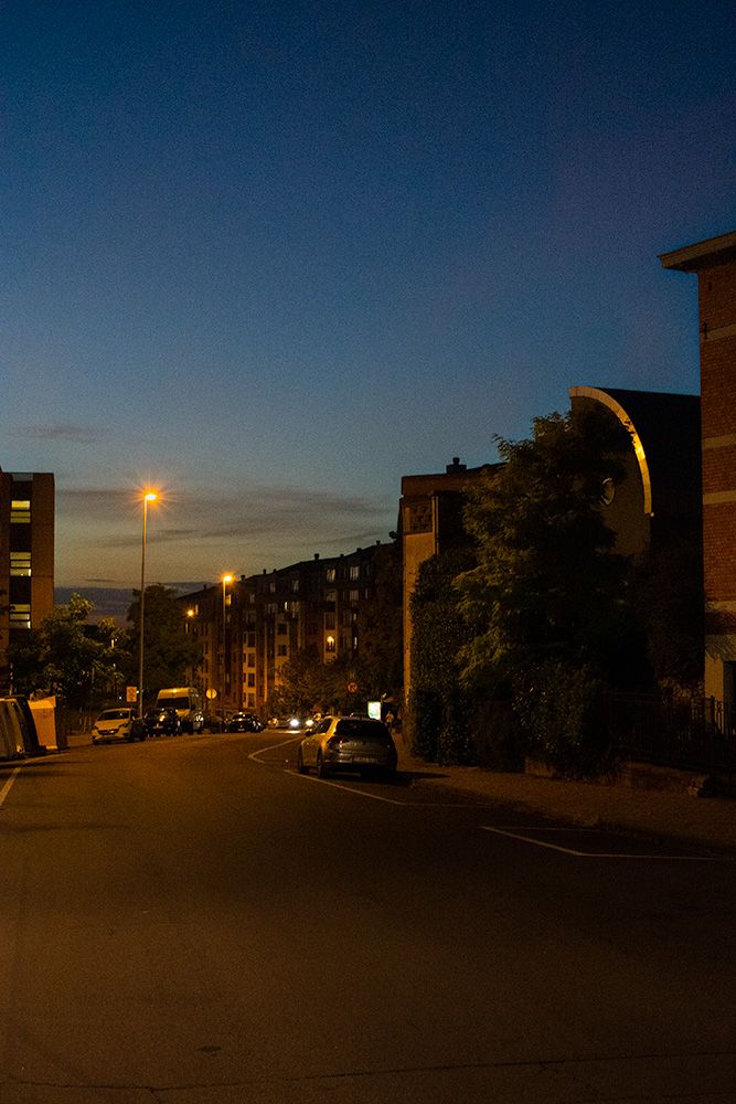 A quiet street of Bruxelles in the late evening. In the background some building is illuminated by streetlight, in the foreground some car are parked.