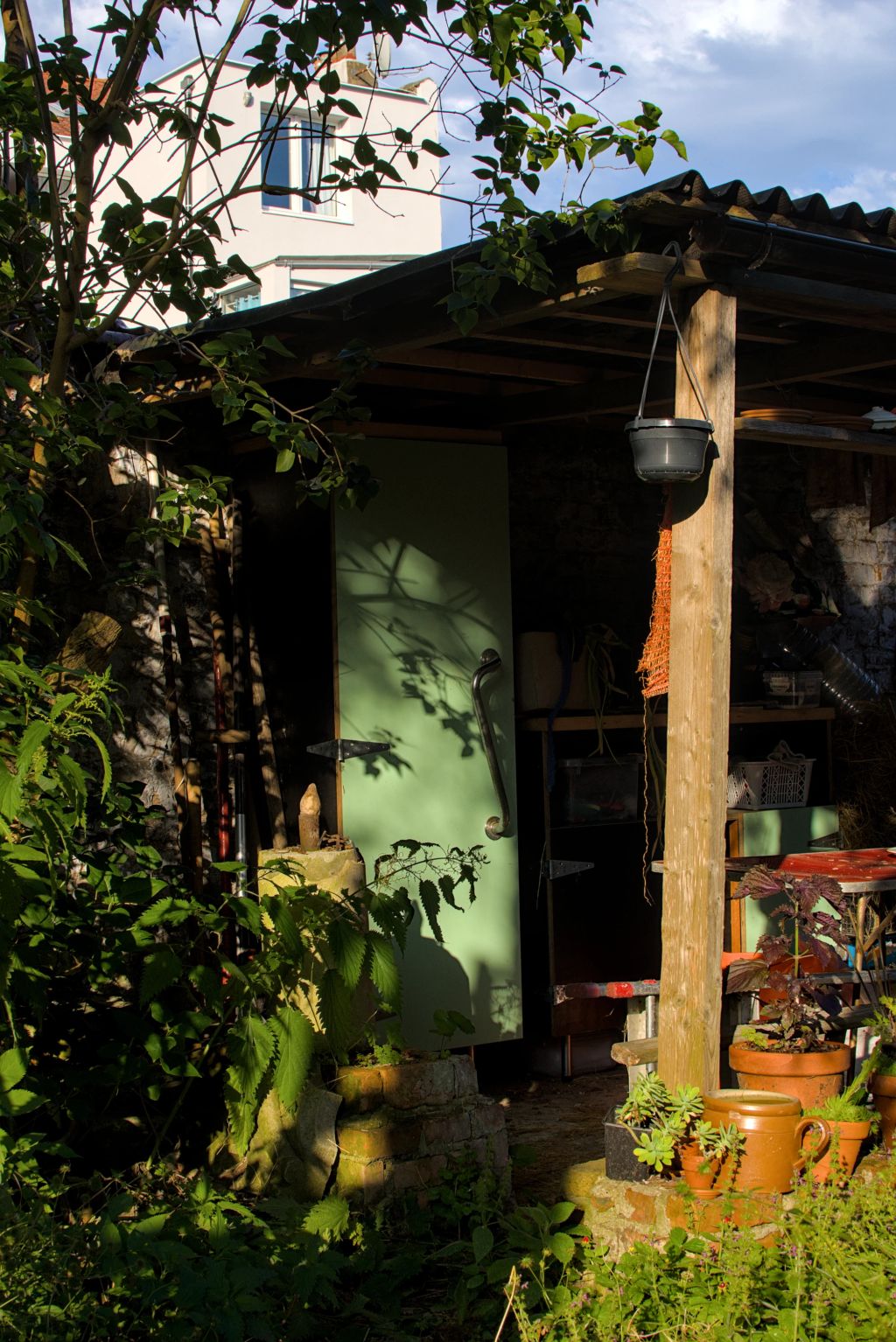 A garden shed in the late afternoon light. The vegetation project shadow on a green tool closest.